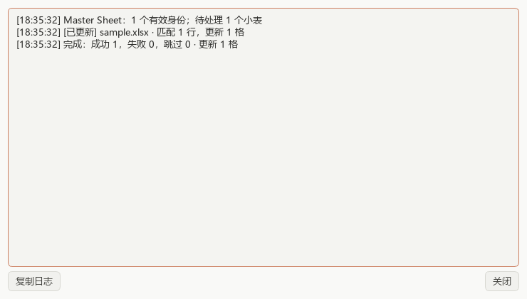 实际临时样本同步的简约运行日志：有效身份、文件结果和最终摘要